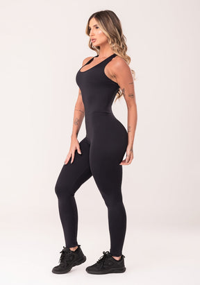 Macacão fitness feminino preto com elástico cruzado oasis