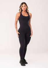Macacão fitness feminino preto com elástico cruzado oasis