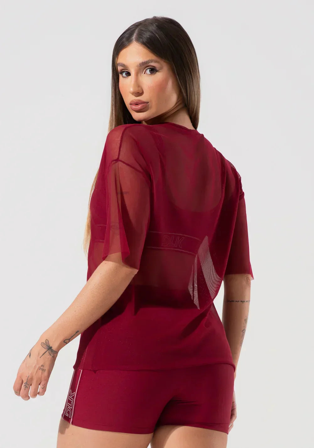 Blusa t-shirt fitness feminina de tule activity  vinho