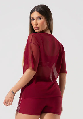 Blusa t-shirt fitness feminina de tule activity  vinho