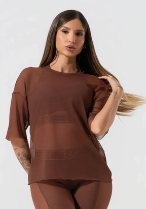 New Blusa t-shirt fitness feminina de tule activity marrom