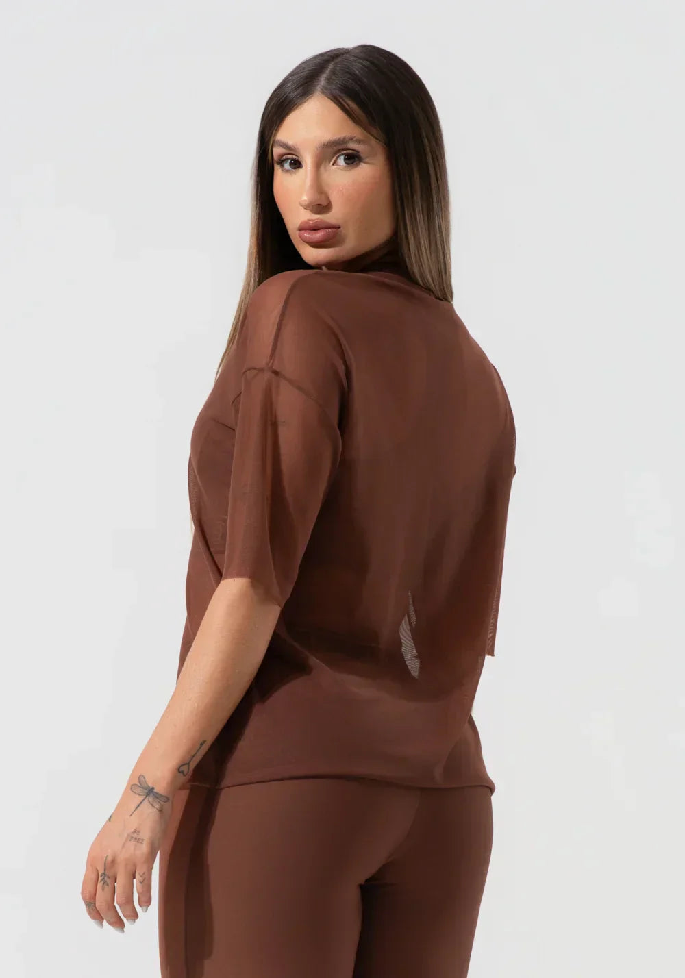 New Blusa t-shirt fitness feminina de tule activity marrom
